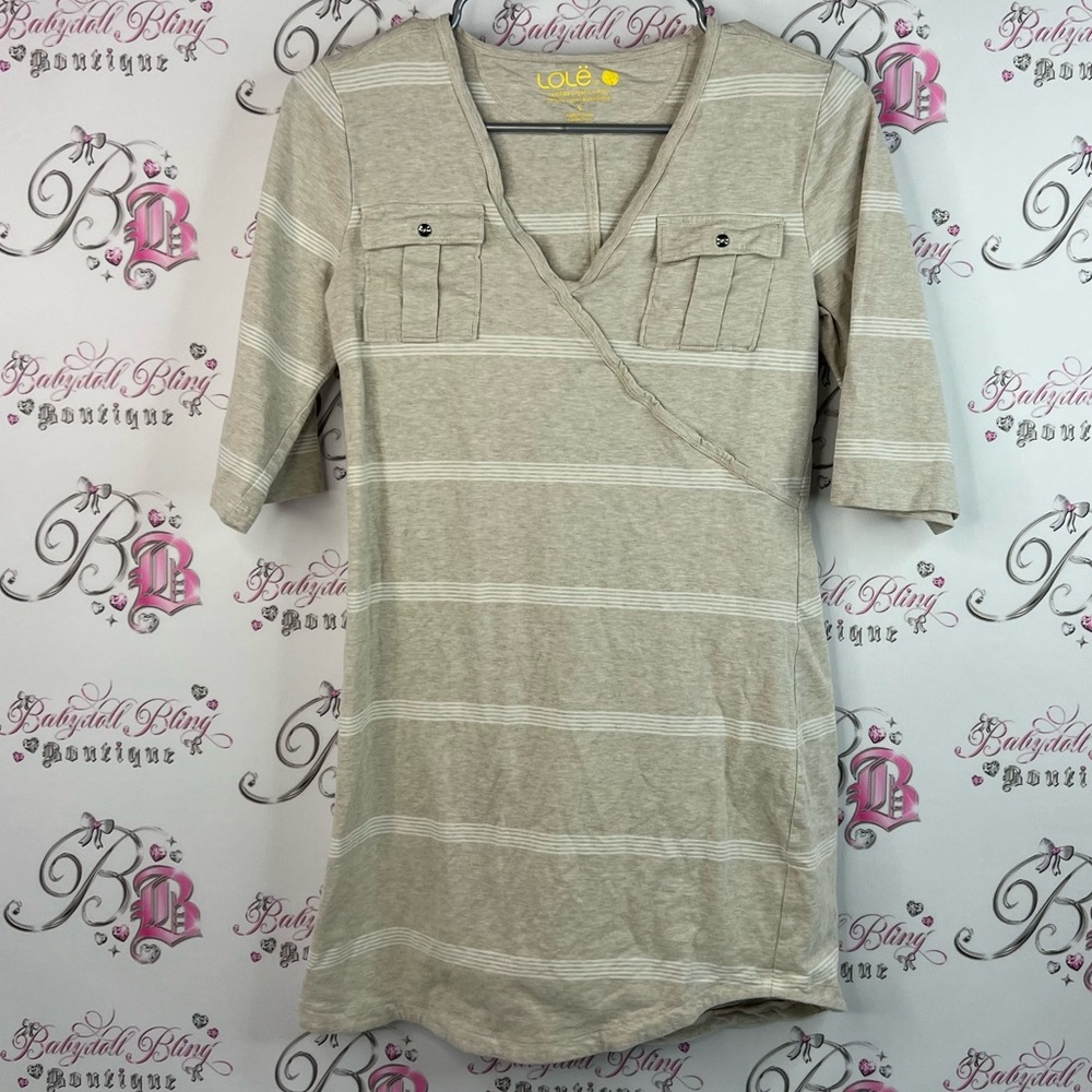 Lole shirt long style stripes cargo pockets Beige Striped Short Sleeve Top